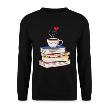 Heiße Tasse Kaffee und Bücher - Unisex Pullover - Schwarz - Vorne - Alina (178cm) & Michal (187cm)