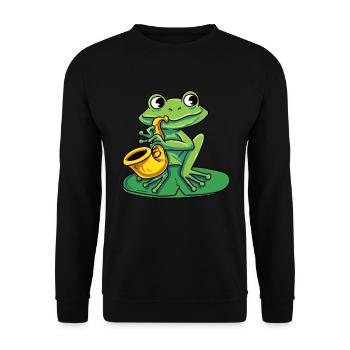 Frosch spielt Saxophon - Unisex Pullover - Schwarz - Vorne - Alina (178cm) & Michal (187cm)