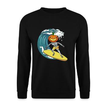 Surfen Skelett Kürbis - Unisex Pullover - Schwarz - Vorne - Alina (178cm) & Michal (187cm)