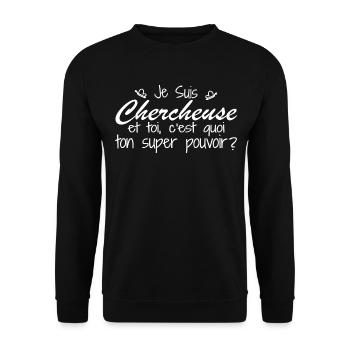 Ich bin Forscher. Was ist deine Superkraft? - Unisex Pullover - Schwarz - Vorne - Alina (178cm) & Michal (187cm)