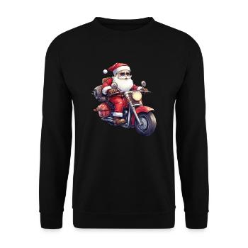 Lustiger Cartoon Santa Clause auf Motorrad - Unisex Pullover - Schwarz - Vorne - Alina (178cm) & Michal (187cm)