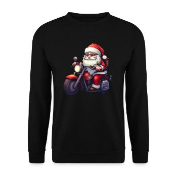 Lustiger Cartoon Santa Clause auf Motorrad - Unisex Pullover - Schwarz - Vorne - Alina (178cm) & Michal (187cm)