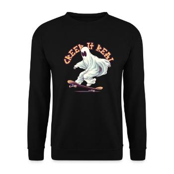 Funny Skateboarding Ghost with Halloween Pun - Unisex Pullover - Schwarz - Vorne - Alina (178cm) & Michal (187cm)