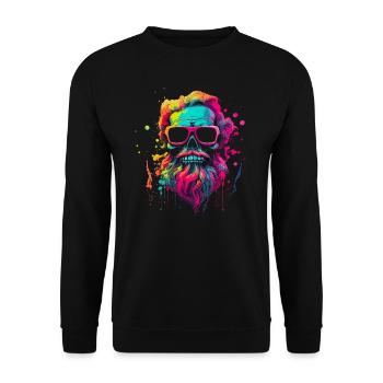 männlicher Totenkopf mit Bart und Haaren Neonfarbe - Unisex Pullover - Schwarz - Vorne - Alina (178cm) & Michal (187cm)
