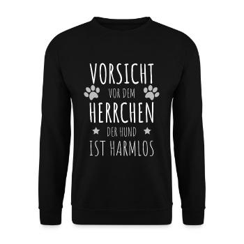 Vorsicht vor dem Herrchen der Hund ist harmlos - Unisex Pullover - Schwarz - Vorne - Alina (178cm) & Michal (187cm)
