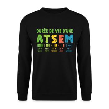 Durée de vie d'une ATSEM Humour Atsem Maternelle - Sweat-shirt Unisexe - noir - Devant - Alina (178cm) & Michal (187cm)
