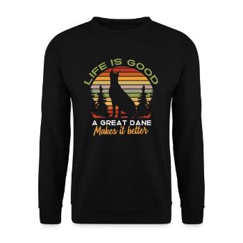 Das Leben ist gut Eine Deutsche Dogge macht es - Unisex Pullover - Schwarz - Vorne - Alina (178cm) & Michal (187cm)