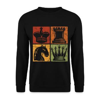 Retro Schach Schachspieler Schachmatt Schachfigur - Unisex Pullover - Schwarz - Vorne - Alina (178cm) & Michal (187cm)