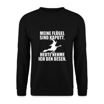 HEXE - HALLOWEEN - MEINE FLÜGEL SIND KAPUTT... - Unisex Pullover - Schwarz - Vorne - Alina (178cm) & Michal (187cm)