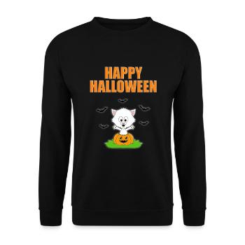HAPPY HALLOWEEN - KATZE - KÜRBIS - Unisex Pullover - Schwarz - Vorne - Alina (178cm) & Michal (187cm)