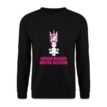 EINHORN - YOGA - LOCKER BLEIBEN. WEITER GLITZERN. - Unisex Pullover - Schwarz - Vorne - Alina (178cm) & Michal (187cm)