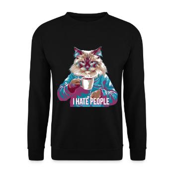 Ich hasse Menschen Katze im Pyjama mit Kaffee - Unisex Pullover - Schwarz - Vorne - Alina (178cm) & Michal (187cm)