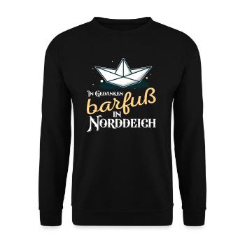 In Gedanken barfuß in Norddeich Nordsee Küste - Unisex Pullover - Schwarz - Vorne - Alina (178cm) & Michal (187cm)