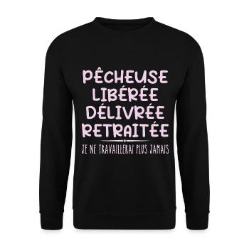 Fisherwoman Celebrates Retirement with Humor Gift - Unisex Sweatshirt - black - Front - Alina (178cm) & Michal (187cm)