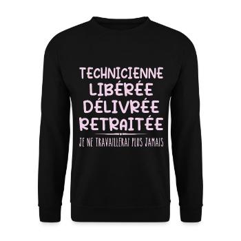 Technicienne célèbre sa retraite avec humour - Sweat-shirt Unisexe - noir - Devant - Alina (178cm) & Michal (187cm)