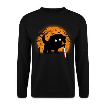 Lustiger schwarzer Hund Halloween mit Messer Mond - Unisex Pullover - Schwarz - Vorne - Alina (178cm) & Michal (187cm)