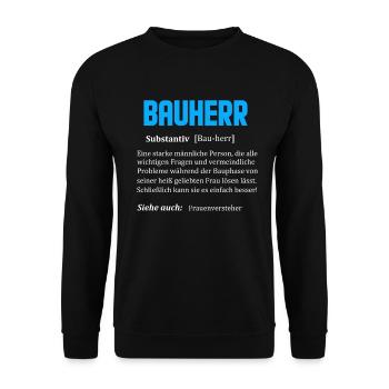 Bauherr lustiger cooler Spruch Beschreibung - Unisex Pullover - Schwarz - Vorne - Alina (178cm) & Michal (187cm)