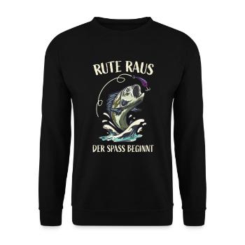 Rute Raus der Spass beginnt Angeln Fischen - Unisex Pullover - Schwarz - Vorne - Alina (178cm) & Michal (187cm)