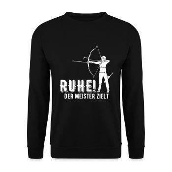 Ruhe! Der Meister zielt! Bogenschießen Bogensport - Unisex Pullover - Schwarz - Vorne - Alina (178cm) & Michal (187cm)