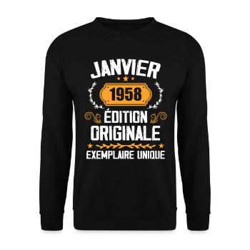 Jubiläumsgeschenk Jahrgang Januar 1958 - 1958 - Unisex Pullover - Schwarz - Vorne - Alina (178cm) & Michal (187cm)