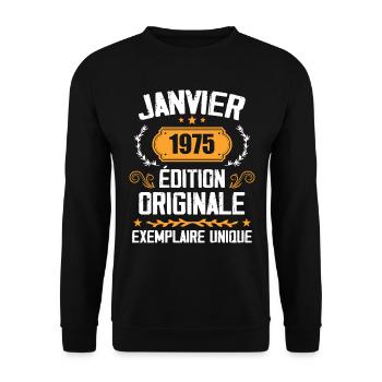 Jubiläumsgeschenk Jahrgang Januar 1975 - 1975 - Unisex Pullover - Schwarz - Vorne - Alina (178cm) & Michal (187cm)