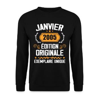 Jubiläumsgeschenk Jahrgang Januar 2005 - 2005 - Unisex Pullover - Schwarz - Vorne - Alina (178cm) & Michal (187cm)