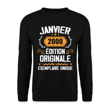 Geburtstagsgeschenk Jahrgang Januar 2000 - 2000 - Unisex Pullover - Schwarz - Vorne - Alina (178cm) & Michal (187cm)