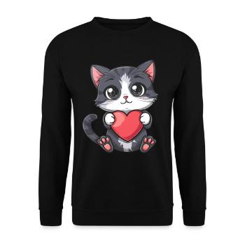 Chaton mignon tenant un coeur avec de grands yeux et rose - Sweat-shirt Unisexe - noir - Devant - Alina (178cm) & Michal (187cm)