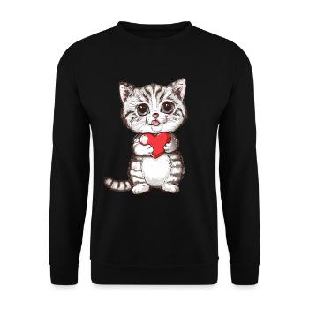 Cute Kitten Holding Red Heart Adorable Love Cat - Unisex Pullover - Schwarz - Vorne - Alina (178cm) & Michal (187cm)