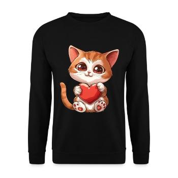 Adorable Kitten Holding Heart With Big Eyes - Unisex Pullover - Schwarz - Vorne - Alina (178cm) & Michal (187cm)