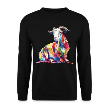 Bunter Ziegenkopf Kunstwerk für Natur- und - Unisex Pullover - Schwarz - Vorne - Alina (178cm) & Michal (187cm)