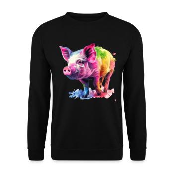 Buntes Schwein Aquarell Kunstwerk Farbenfrohes - Unisex Pullover - Schwarz - Vorne - Alina (178cm) & Michal (187cm)