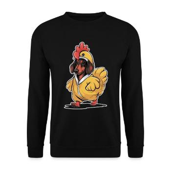 Dackel Im Kostüm Als Huhn - Unisex Pullover - Schwarz - Vorne - Alina (178cm) & Michal (187cm)