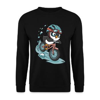 Fahrradfahrender Pinguin in Action - Unisex Pullover - Schwarz - Vorne - Alina (178cm) & Michal (187cm)