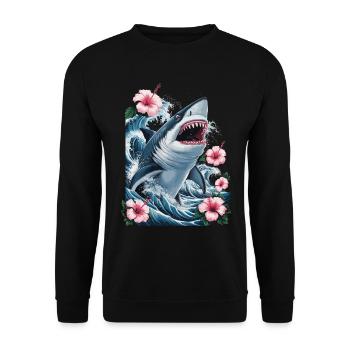 Shark Waves and Hibiscus Flowers Artwork - Unisex Sweatshirt - black - Front - Alina (178cm) & Michal (187cm)