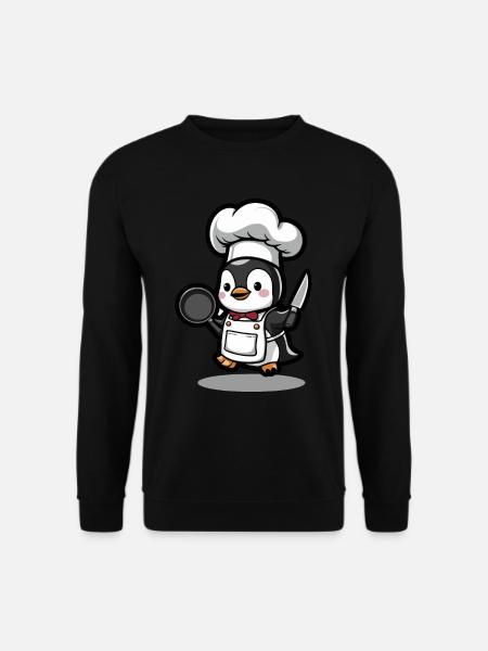 Kochender Pinguin mit Pfanne und Messer - Unisex Pullover - Schwarz