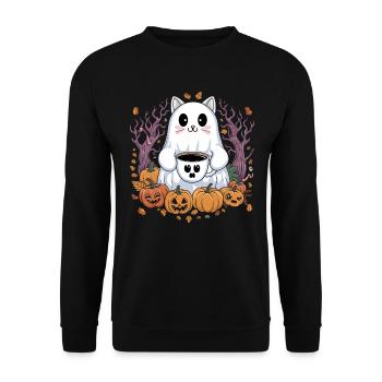 Chat mignon d'Halloween avec du café et des citrouilles - Sweat-shirt Unisexe - noir - Devant - Alina (178cm) & Michal (187cm)