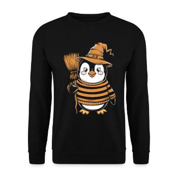 Cute Penguin Halloween Witch with Broom - Unisex Sweatshirt - black - Front - Alina (178cm) & Michal (187cm)