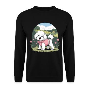 Cottagecore Hund in Blumengarten - Unisex Pullover - Schwarz - Vorne - Alina (178cm) & Michal (187cm)
