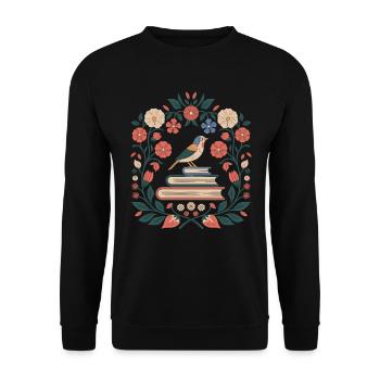 Cottagecore Vogel und Bücher Umgeben von Blumen - Unisex Pullover - Schwarz - Vorne - Alina (178cm) & Michal (187cm)