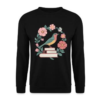 Cottagecore Blumen Vogel Buch Illustration - Unisex Pullover - Schwarz - Vorne - Alina (178cm) & Michal (187cm)