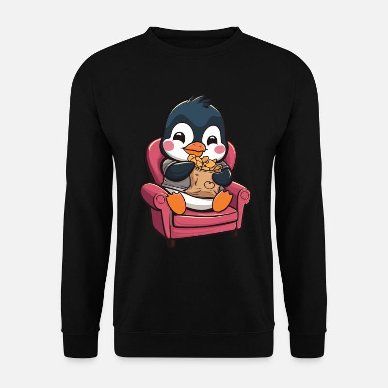 Süßer Pinguin mit Snacks auf Sessel - Unisex Pullover - Schwarz