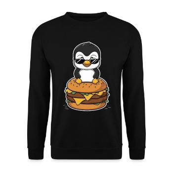 Cooler Pinguin Mit Burger - Unisex Pullover - Schwarz - Vorne - Alina (178cm) & Michal (187cm)