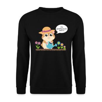 Wachsender Hamster Mit Gießkanne Im Garten - Unisex Pullover - Schwarz - Vorne - Alina (178cm) & Michal (187cm)