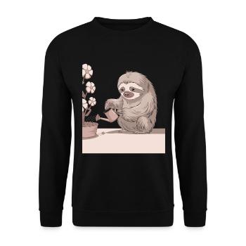 Gemütlicher Pflanzenliebhaber Faultier mit - Unisex Pullover - Schwarz - Vorne - Alina (178cm) & Michal (187cm)