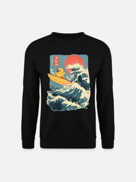 Gummiente Tier Japanisch Surfen Blume Sonnenuntergang - Unisex Pullover - Schwarz