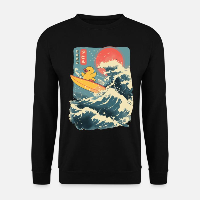 Gummiente Tier Japanisch Surfen Blume Sonnenuntergang - Unisex Pullover - Schwarz