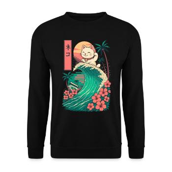 Cat Katze Animal Japanese Surfing Flower Sunset - Unisex Sweatshirt - black - Front - Alina (178cm) & Michal (187cm)