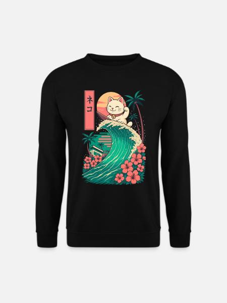 Katze Katze Tier Japanisch Surfen Blume Sonnenuntergang - Unisex Pullover - Schwarz