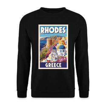 Rhodes Grèce Affiche Rétro Souvenir Vintage - Sweat-shirt Unisexe - noir - Devant - Alina (178cm) & Michal (187cm)